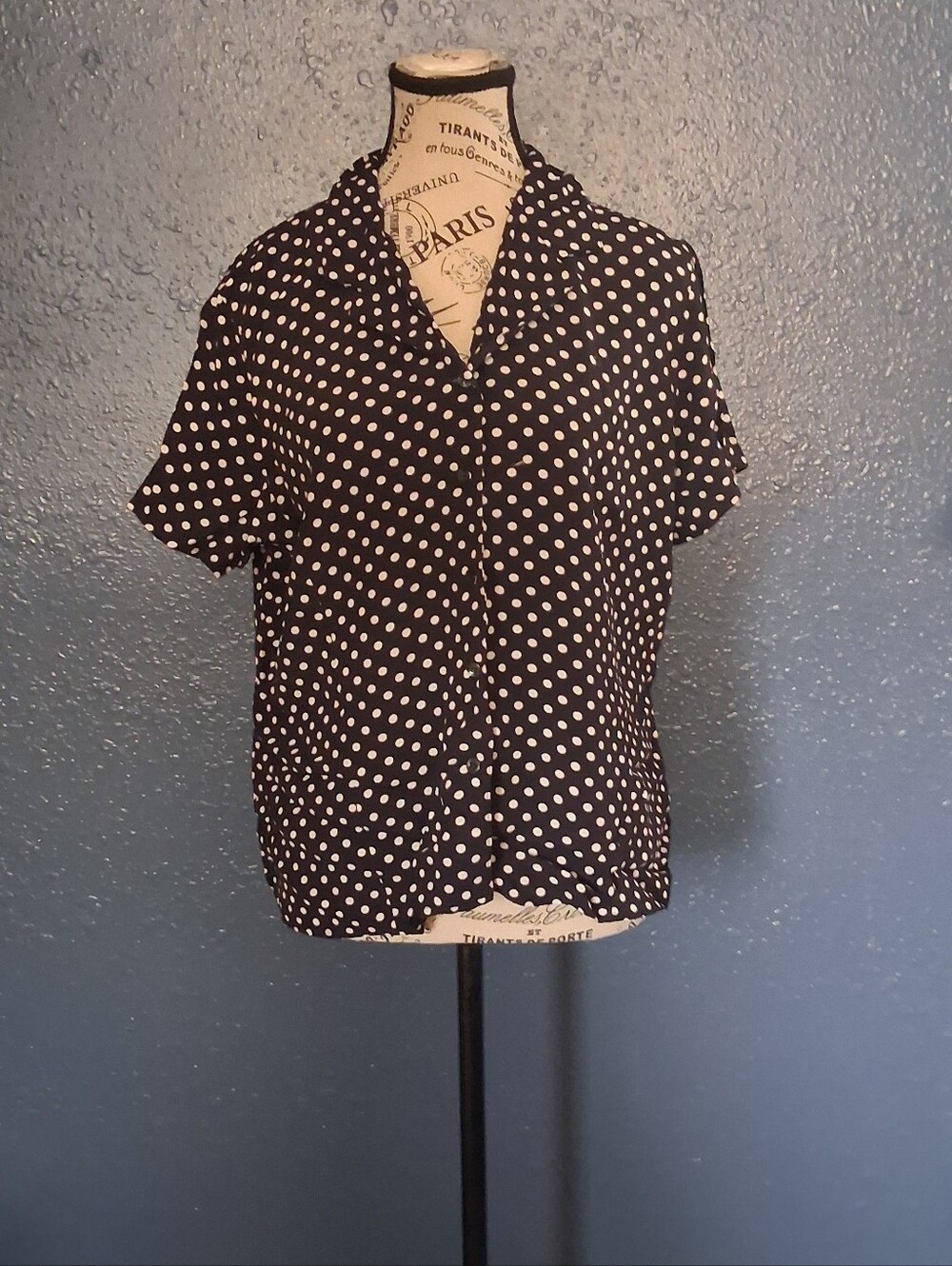 Liz Claiborne Womens Short Sleeve Black White Polka Dot Button Down Shirt Large